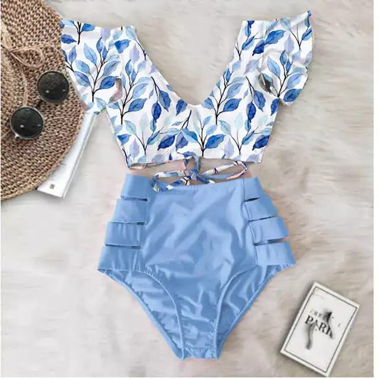 Traje de Baño~ Bikini Olanes Cintura Alta "U" Azul Pálido