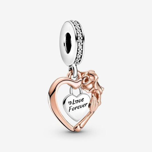 Heart & Rose Flower Dangle Charm