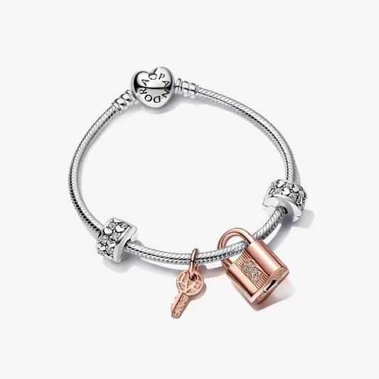 Pandora Moments Heart Clasp Bracelet, Padlock and Clip Charm Set