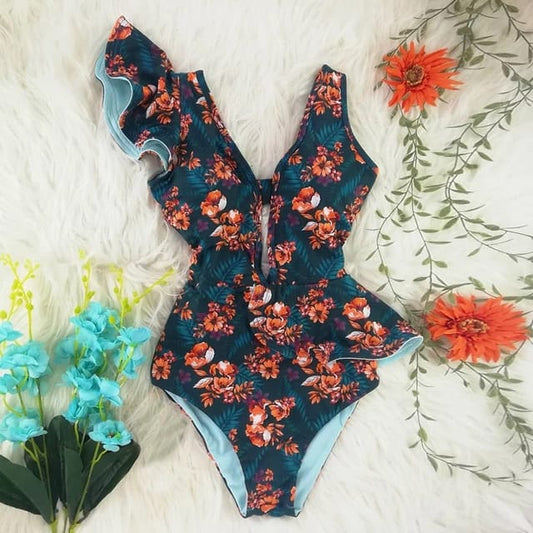 Traje de Baño~ Completo Olanes Un Hombro Flores Naranjas