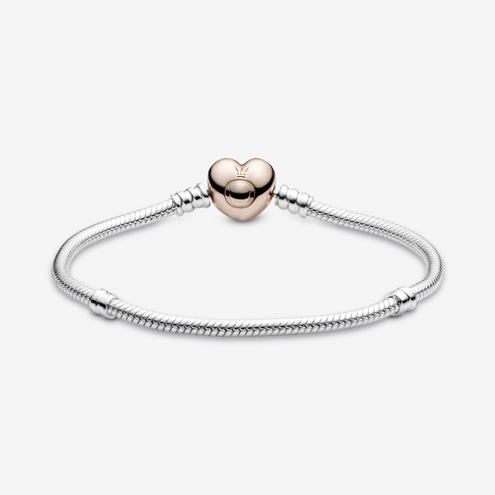 Pandora Moments Heart Clasp Snake Chain Bracelet~ Silver/Rose Gold