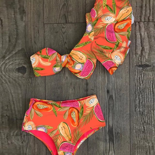 Traje de Baño~ Bikini un Hombro Olan Cintura Alta Frutas Tropicales