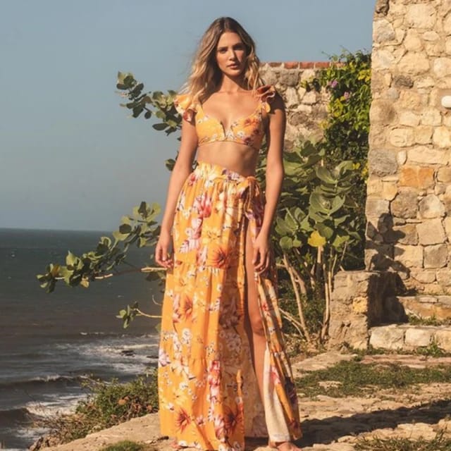 Traje de Baño~ Bikini Tirantes Olanes Naranja Flores