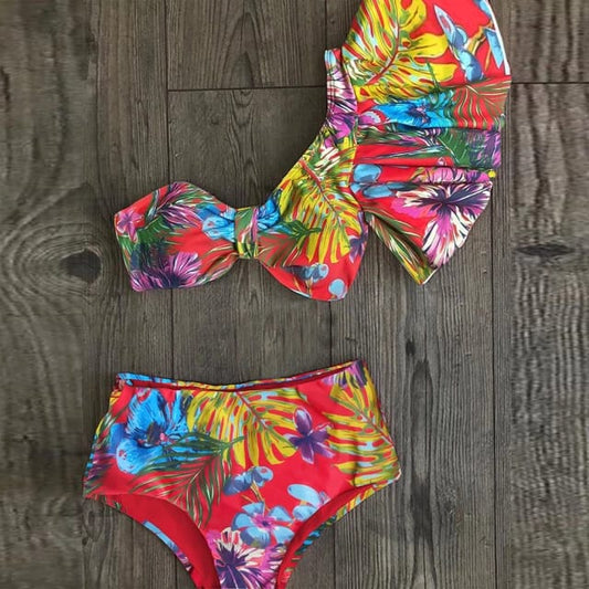 Traje de Baño~ Bikini un Hombro Olan Cintura Alta Plantas Tropicales