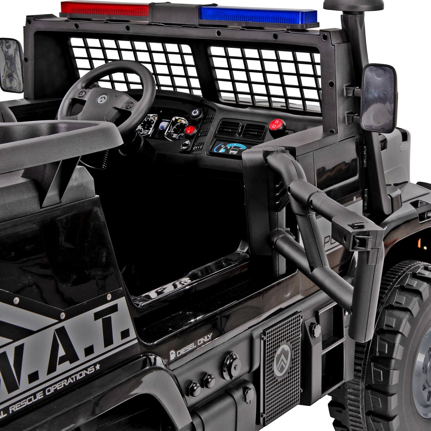 Camión SWAT de 12V con batería de Huffy, 2 plazas, juguete para montar