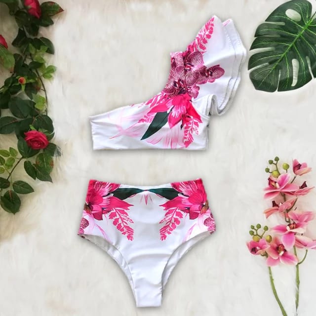 Traje de Baño~ Bikini Blanco con Volantes Flores Fuschia