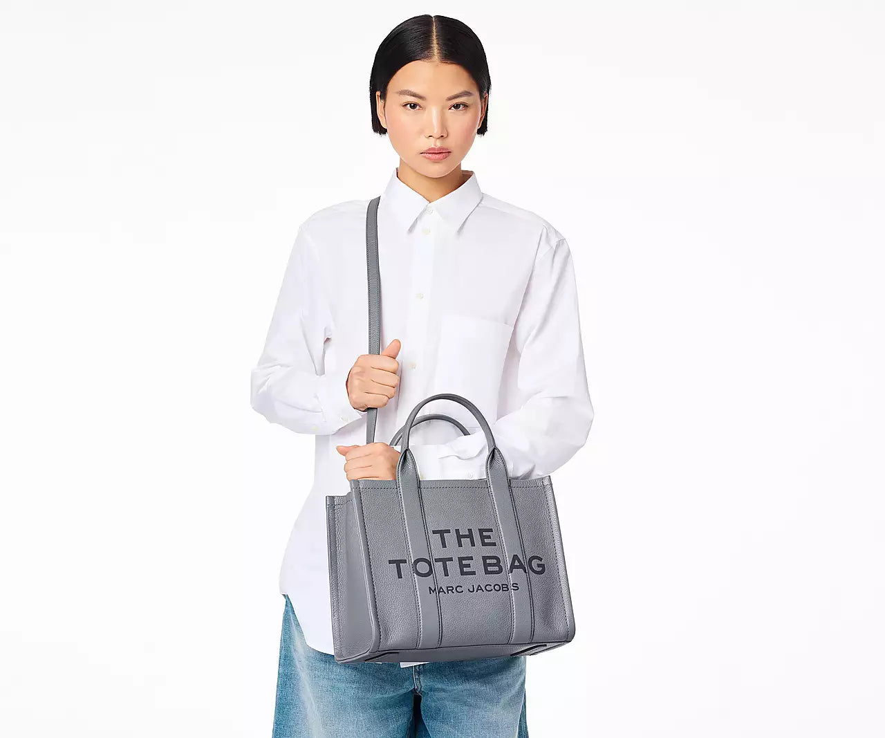 THE LEATHER MEDIUM TOTE BAG- Grey