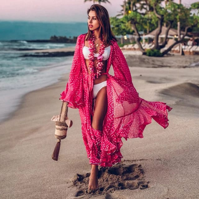 Batas para Playa~ Estampado de Puntos Rosa