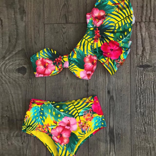 Traje de Baño~ Bikini un Hombro Olan Cintura Alta Flores Tropicales