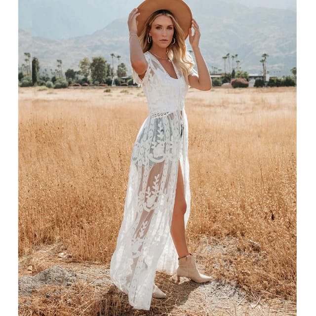 Kimono para Playa~ Blanco Bordado con Cinturón – Style Cases Mx