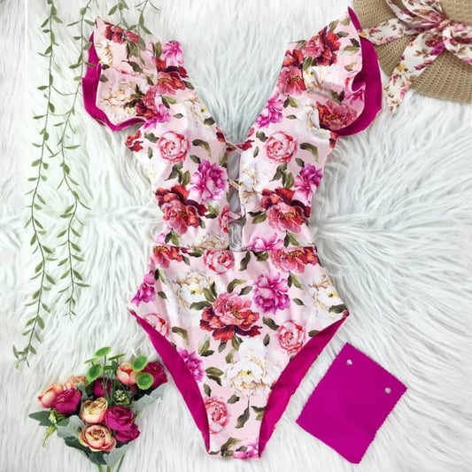 Traje de Baño~ Completo Olanes Abertura Flores Fuschia