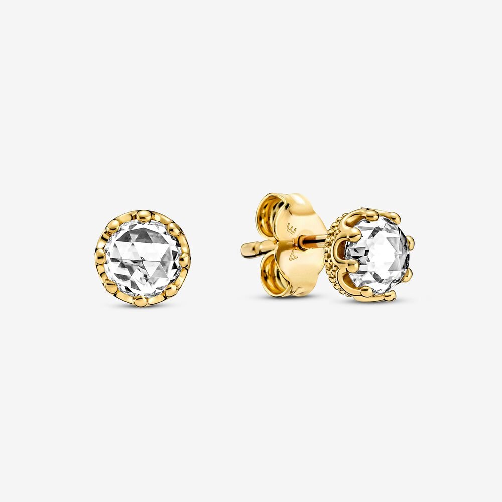 Clear Sparkling Crown Stud Earrings Gold