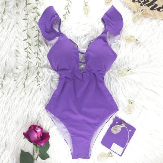 Traje de Baño~ Completo Olanes Líneas Lila