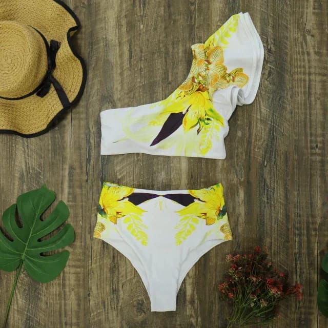 Traje de Baño~ Bikini Blanco con Volantes Flores Amarillo