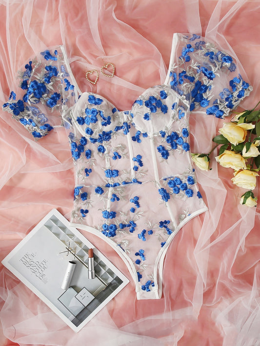 Bodysuit Malla Floral Azul