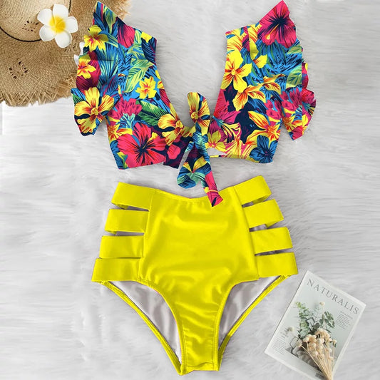 Traje de baño dos piezas amarillo con flores colores