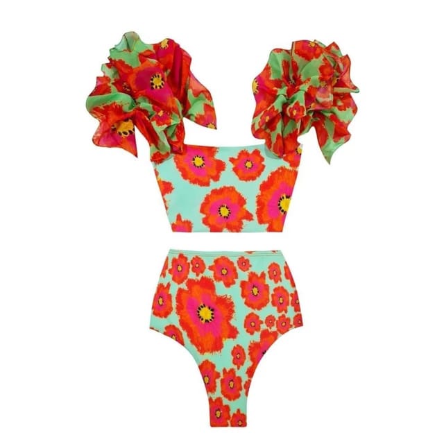 Traje de Baño~ Bikini Floral Tirantes con Olanes