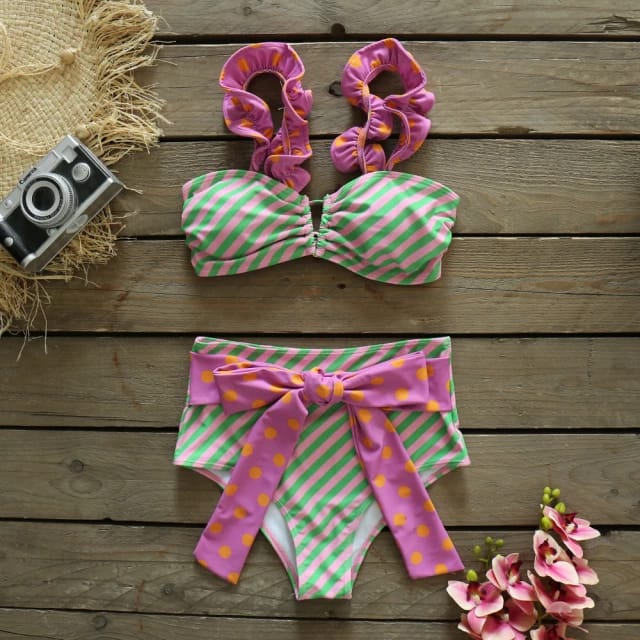 Traje de Baño~ Bikini Bow Tirantes Rayas Rosa