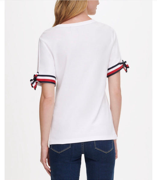 Tommy Hilfiger blusa de algodon con mangas moño blanca