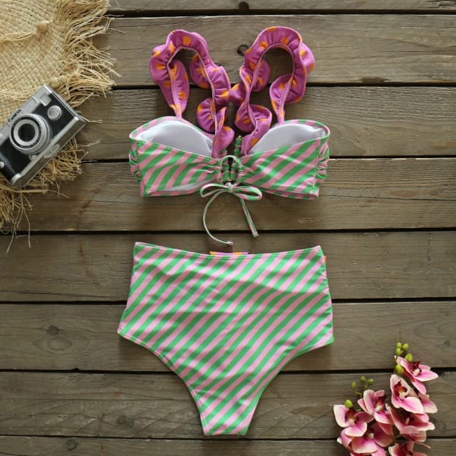 Traje de Baño~ Bikini Bow Tirantes Rayas Rosa