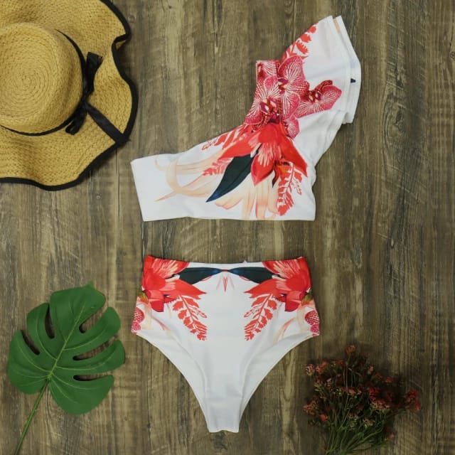 Traje de Baño~ Bikini Blanco con Volantes Flores Rojo