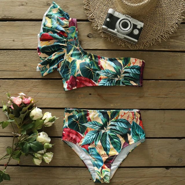 Traje de Baño~ Bikini un Hombro Hojas Tropical