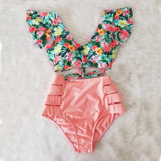 Traje de Baño~ Bikini Olanes Cintura Alta Rosa Flamingos