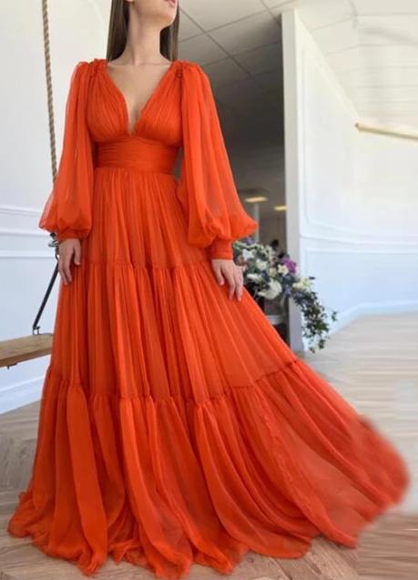 Maxi Vestido~ Mangas Abombadas Escote en "V" Naranja