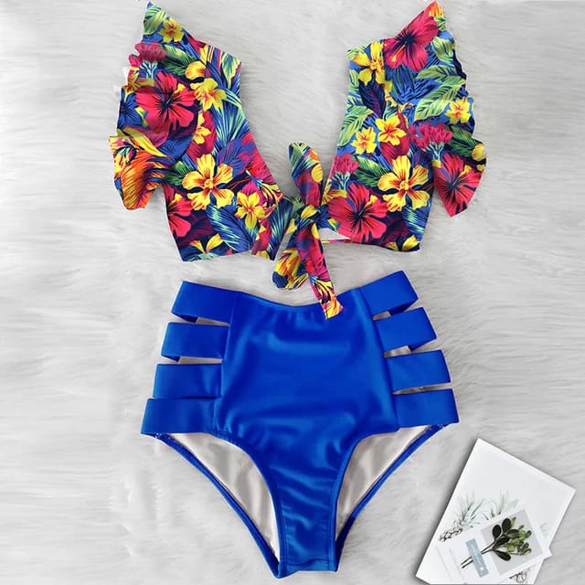 Traje de Baño~ Bikini Olanes Cintura Alta Azul Marino Flores