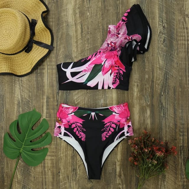 Traje de Baño~ Bikini Negro con Volantes Flores Fuschia