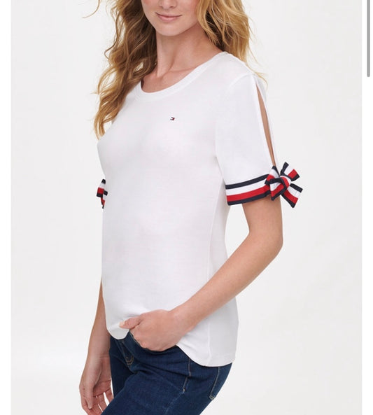 Tommy Hilfiger blusa de algodon con mangas moño blanca