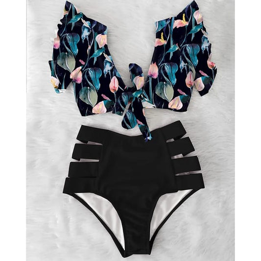 Traje de Baño~ Bikini Olanes Cintura Alta Tulipanes Negro