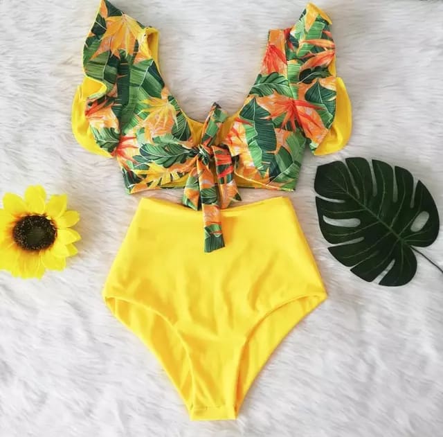 Traje de Baño~ Bikini Olanes Cintura Alta Amarillo Hojas