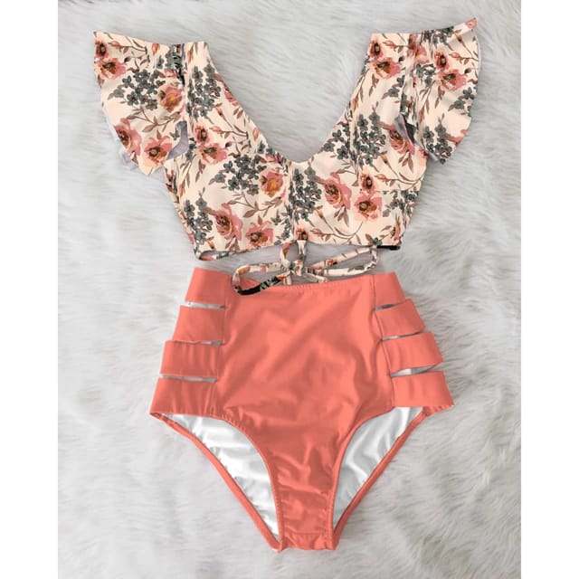 Traje de Baño~ Bikini Olanes Cintura Alta Coral Flores