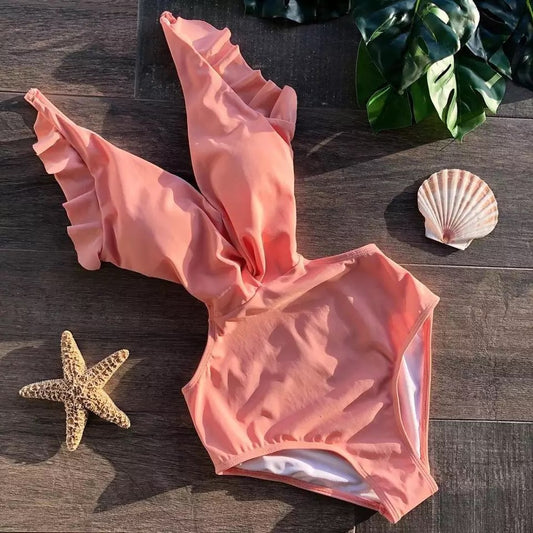 traje de baño completo con cuello de V salmón