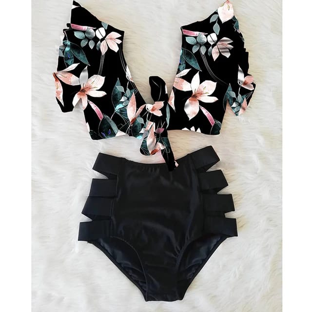 Traje de Baño~ Bikini Olanes Cintura Alta Negro Flores