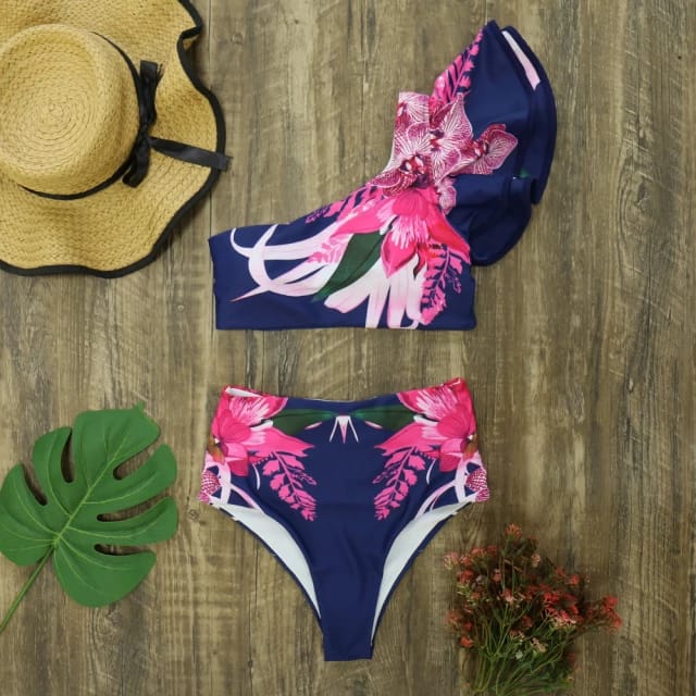 Traje de Baño~ Bikini Azul con Volantes Flores Rosa