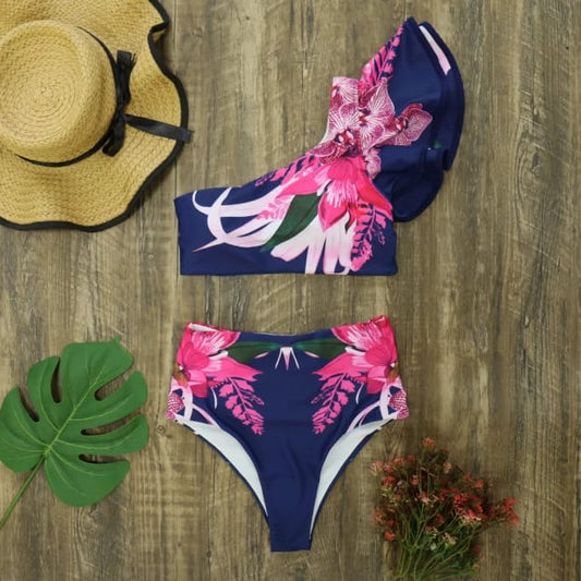 Traje de Baño~ Bikini Azul con Volantes Flores Rosa