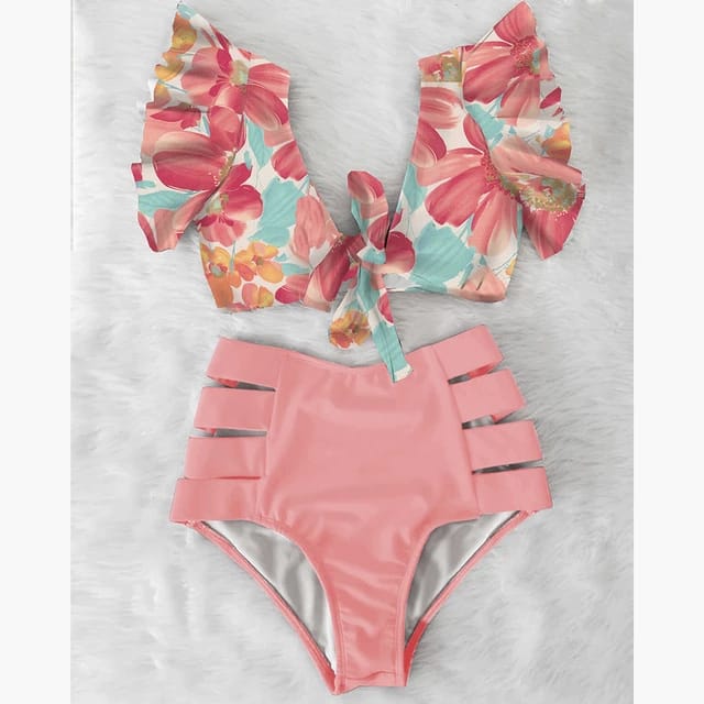 Traje de Baño~ Bikini Olanes Cintura Alta Rosa Pastel Flores