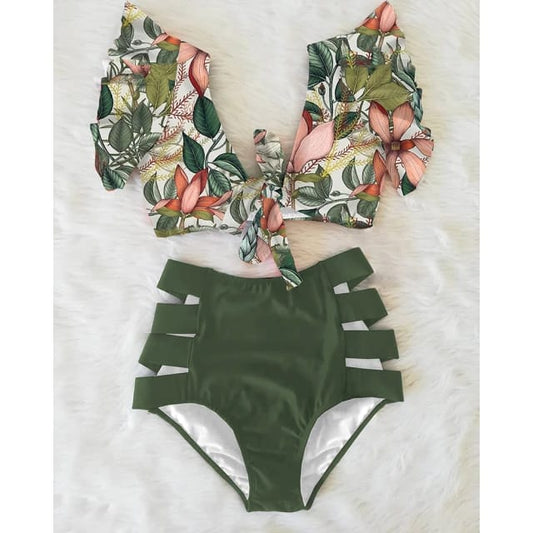 Traje de Baño~ Bikini Olanes Cintura Alta Verde Olivo Flores