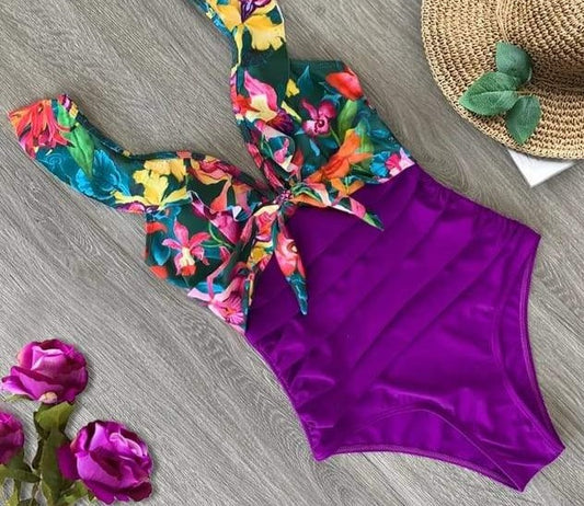 Traje de Baño~ Completo Moño Flores Morado