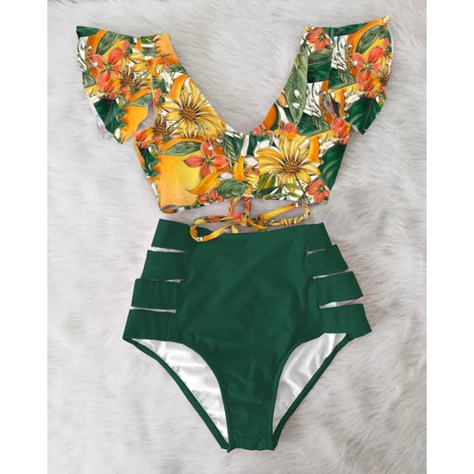 Traje de Baño~ Bikini Olanes Cintura Alta Verde Pino Flores