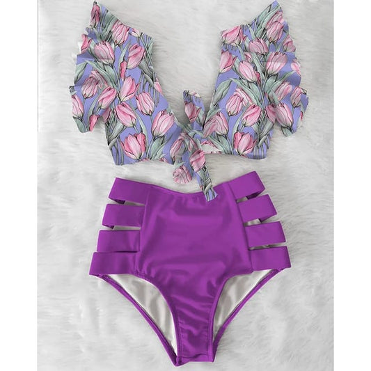 Traje de Baño~ Bikini Olanes Cintura Alta Morado Tulipanes