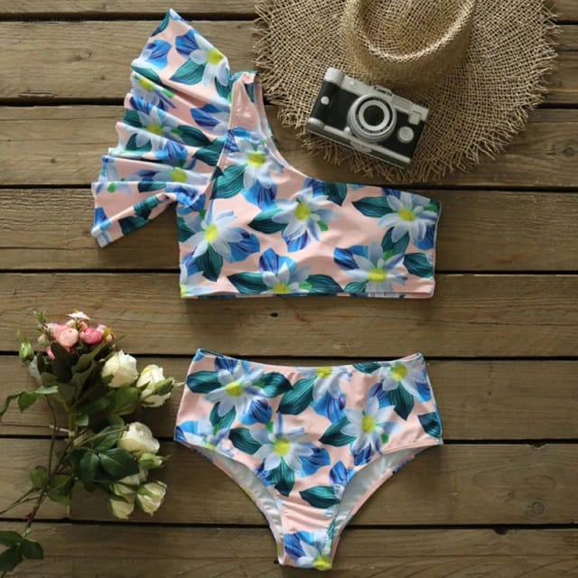 Traje de Baño~ Bikini un Hombro Flores Azul