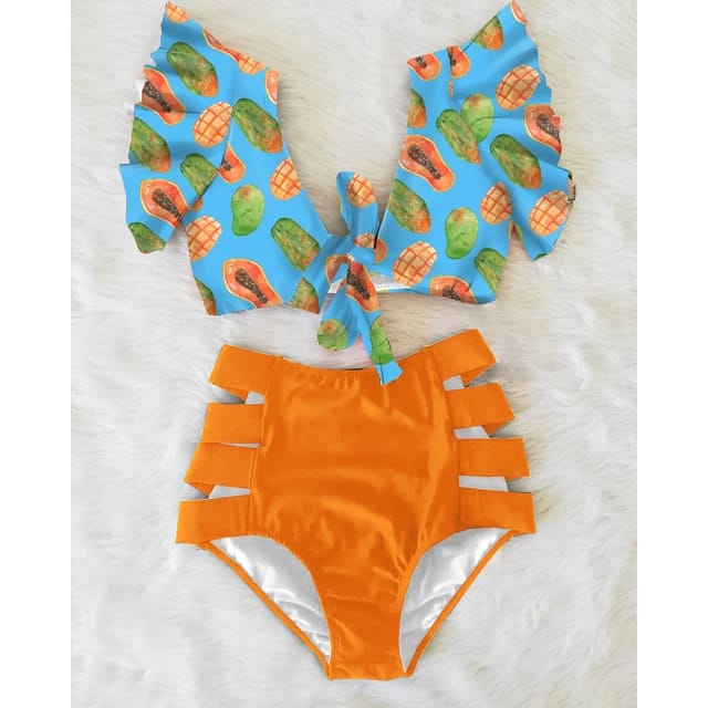 Traje de Baño~ Bikini Olanes Cintura Alta Naranja Frutas