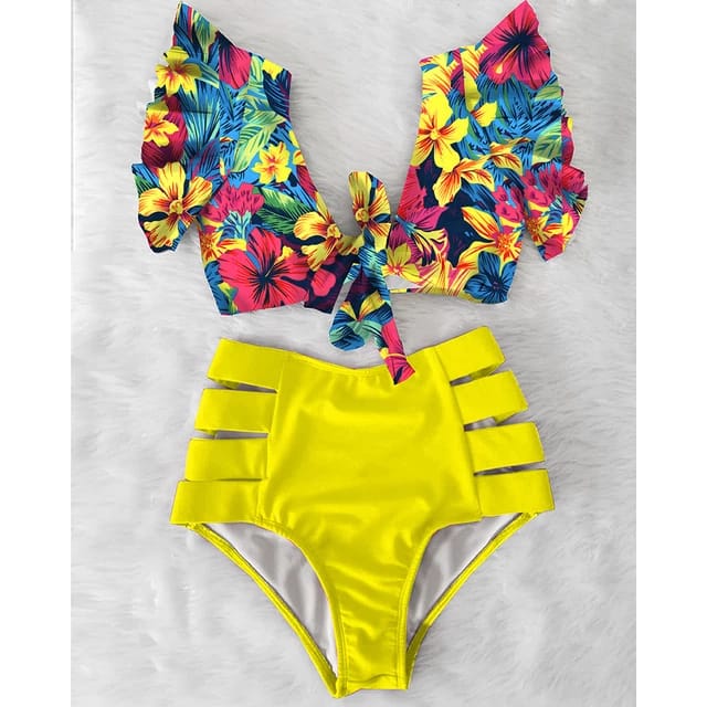 Traje de Baño~ Bikini Olanes Cintura Alta Amarillo Flores