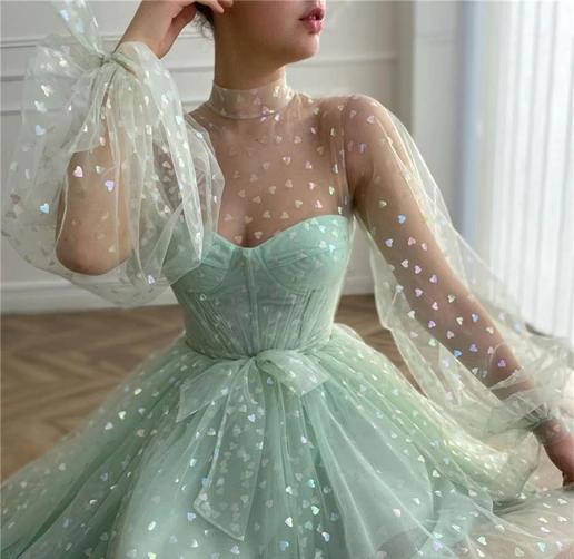 Maxi Vestido~ Cuello Alto Corazones con Lazo Verde Claro