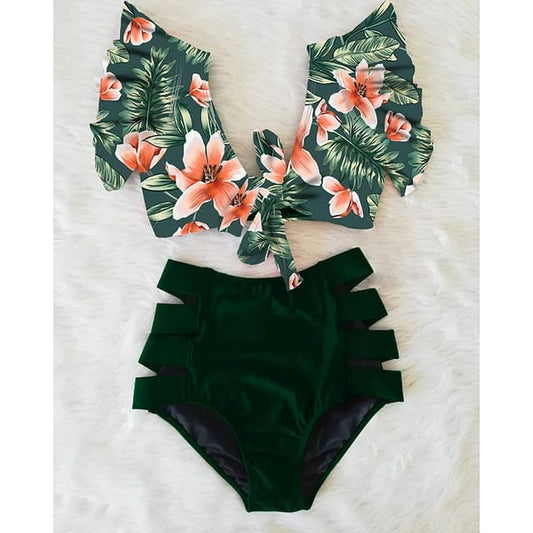 Traje de Baño~ Bikini Olanes Cintura Alta Verde Militar Flores