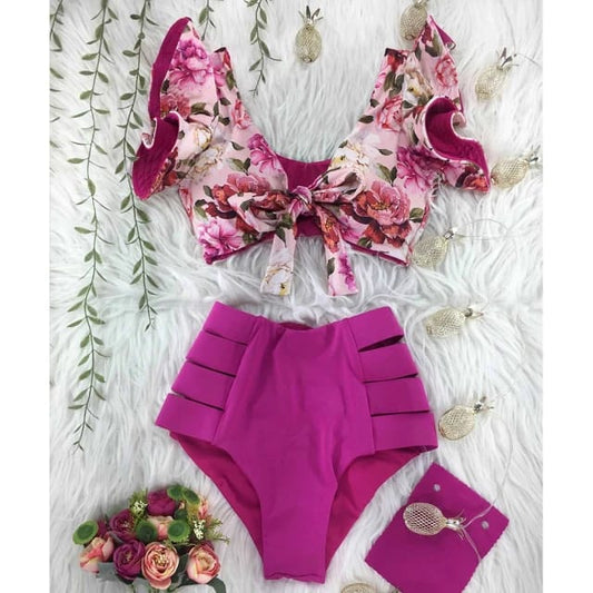 Traje de Baño~ Bikini Olanes Cintura Alta Fuschia Rosas