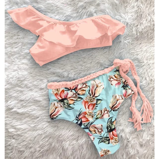 Traje de Baño~ Bikini un Hombro Cinturón Rosa